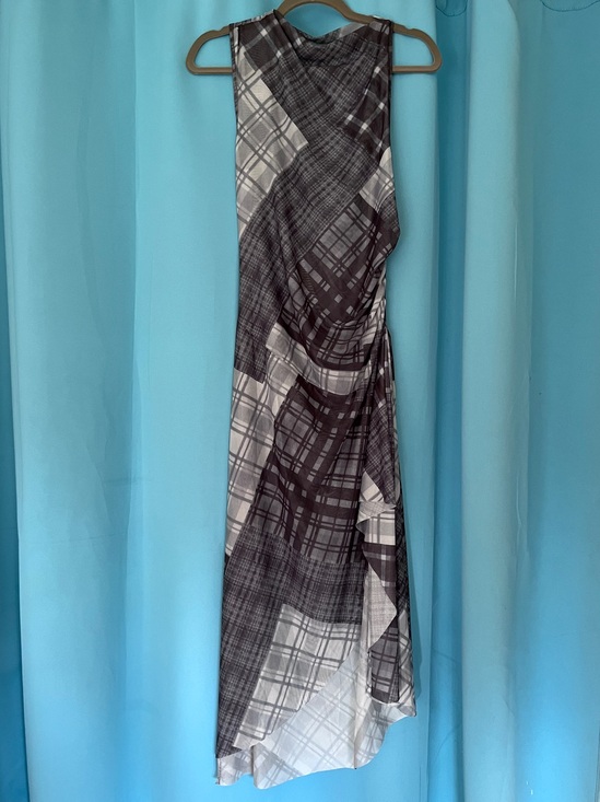 Dresses & Skirts - Plaid Mesh Assymetrical Midi Dress with Ruching - Women's Large